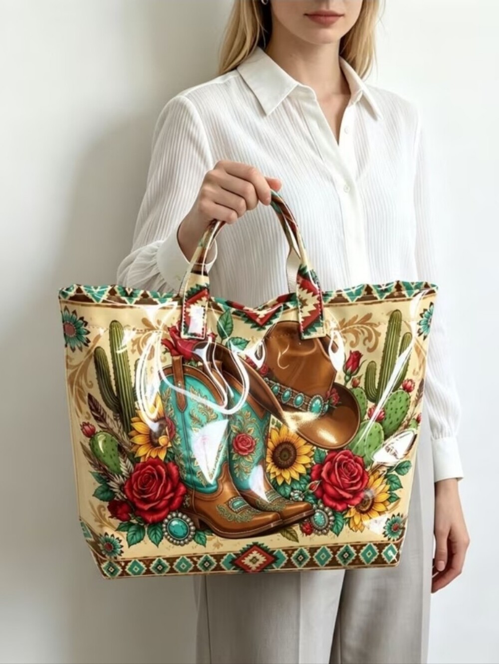 Women Vintage Cowgirl Boot Print PVC Large Hand Tote